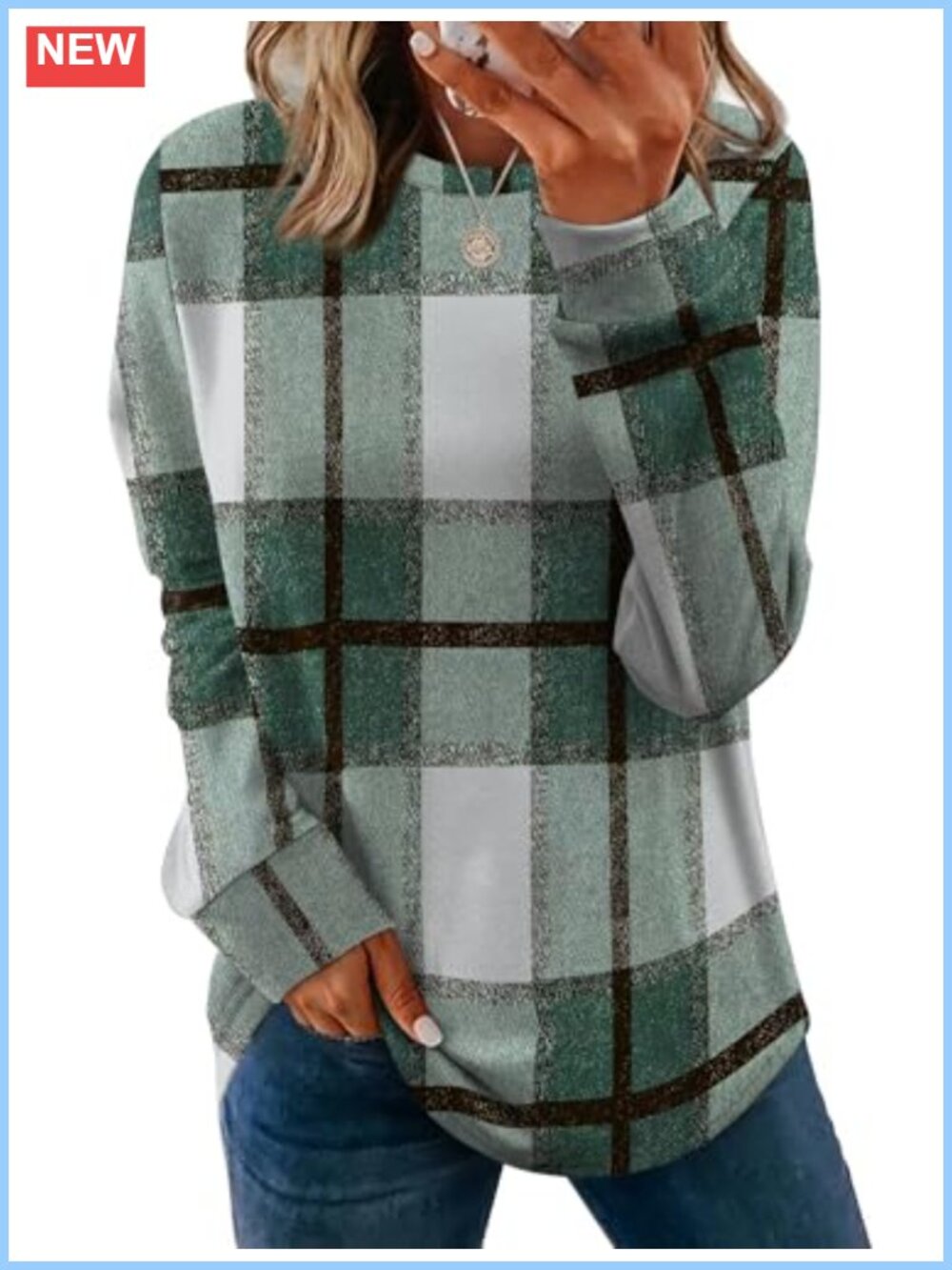 Womens Crewneck Sweatshirt Long Sleeve Curved Hem Pullover Plaid Lightweight